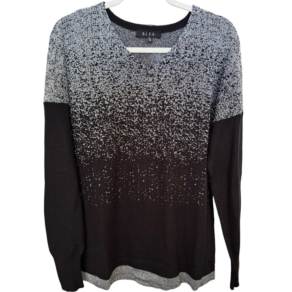 B.L.E.U. Brand Black & Silver Sparkle V-Neck Lightweight Holiday Sweater XL